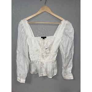 J.Crew White Herringbone Smocked Waist Puff Sleeve  NEW Womens 2
